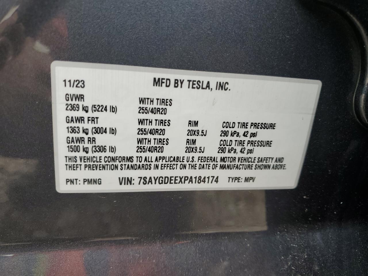 2023 TESLA MODEL Y VIN:7SAYGDEEXPA184174