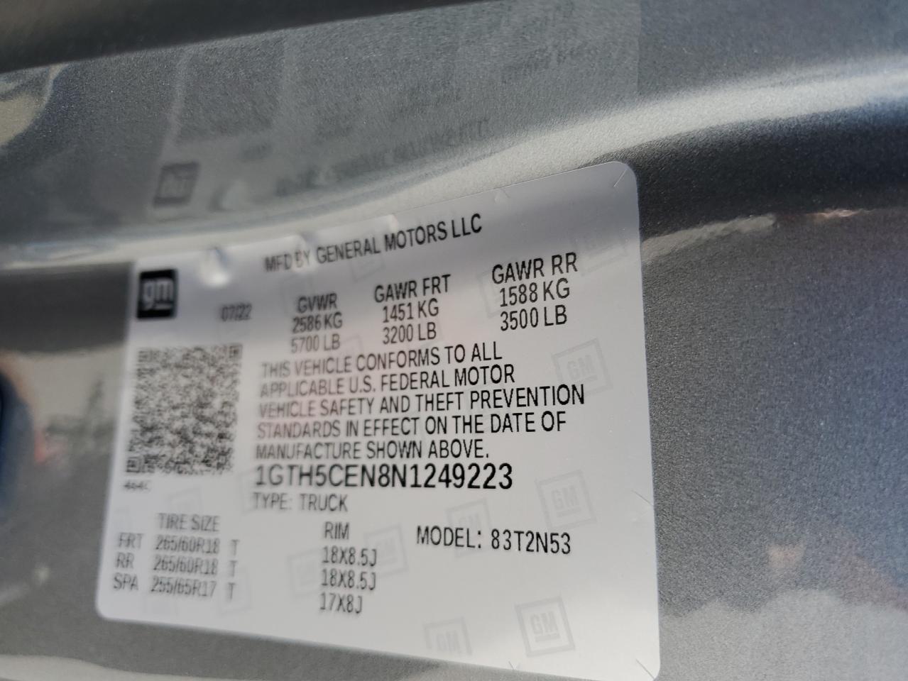 2022 GMC CANYON ELEVATION VIN:1GTH5CEN8N1249223