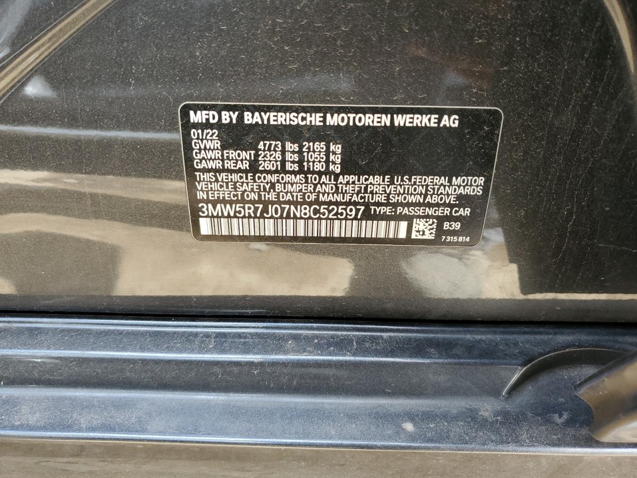 2022 BMW 330XI VIN:3MW5R7J07N8C52597