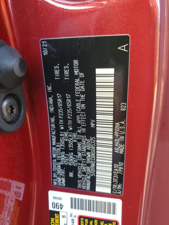2022 TOYOTA SIENNA XLE VIN:5TDYRKEC6NS085325