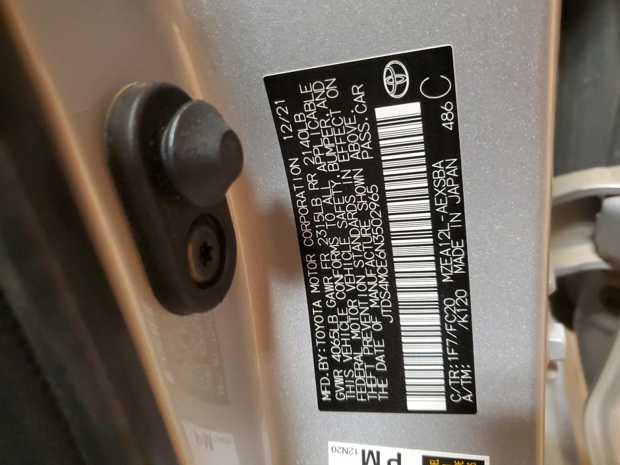 2022 TOYOTA COROLLA SE VIN:JTDS4MCE6N3502965