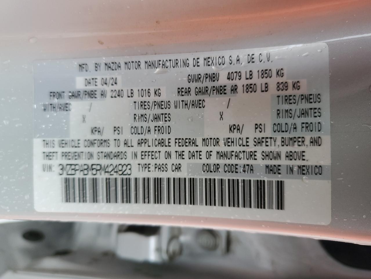 2024 MAZDA 3 SELECT SPORT VIN:3MZBPABM5RM424923