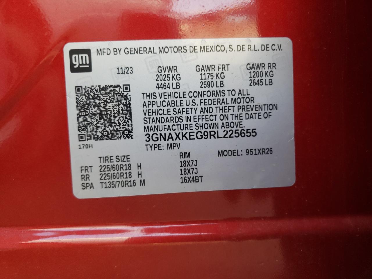 2024 CHEVROLET EQUINOX LT VIN:3GNAXKEG9RL225655