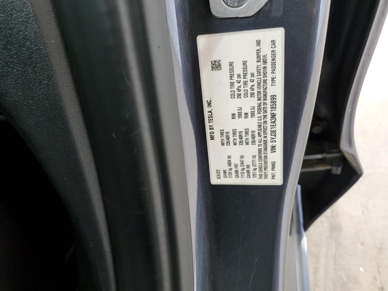 2022 TESLA MODEL 3 VIN:5YJ3E1EA3NF185899