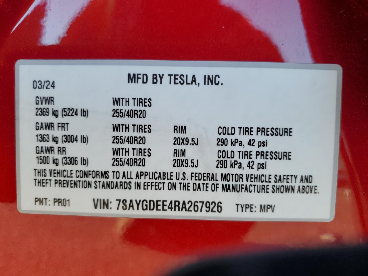 2024 TESLA MODEL Y VIN:7SAYGDEE4RA267926