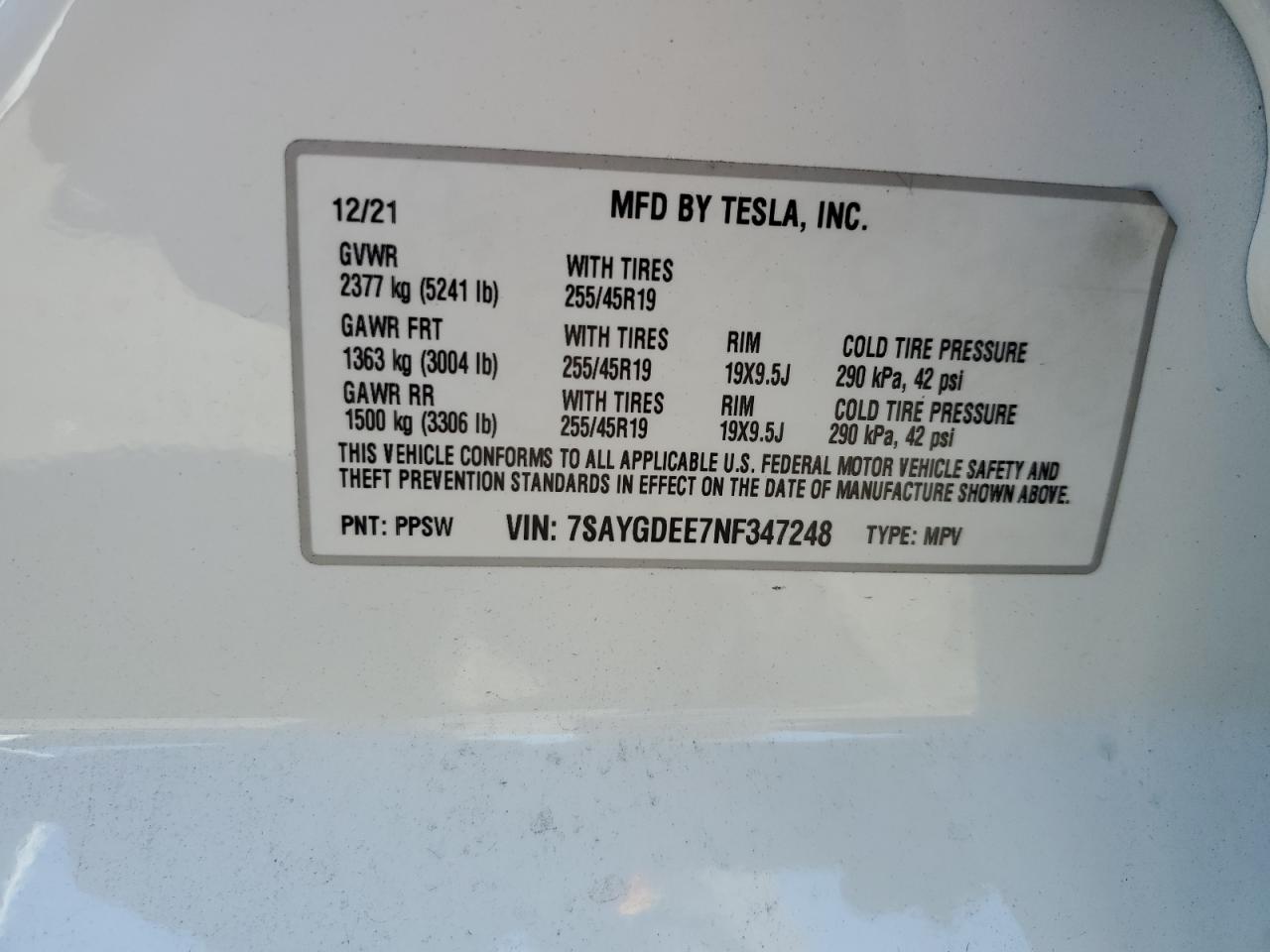 2022 TESLA MODEL Y VIN:7SAYGDEE7NF347248