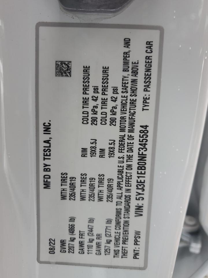 2022 TESLA MODEL 3 VIN:5YJ3E1EB0NF345584