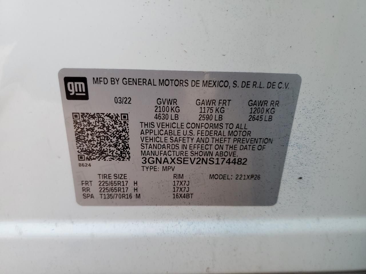 2022 CHEVROLET EQUINOX LS VIN:3GNAXSEV2NS174482