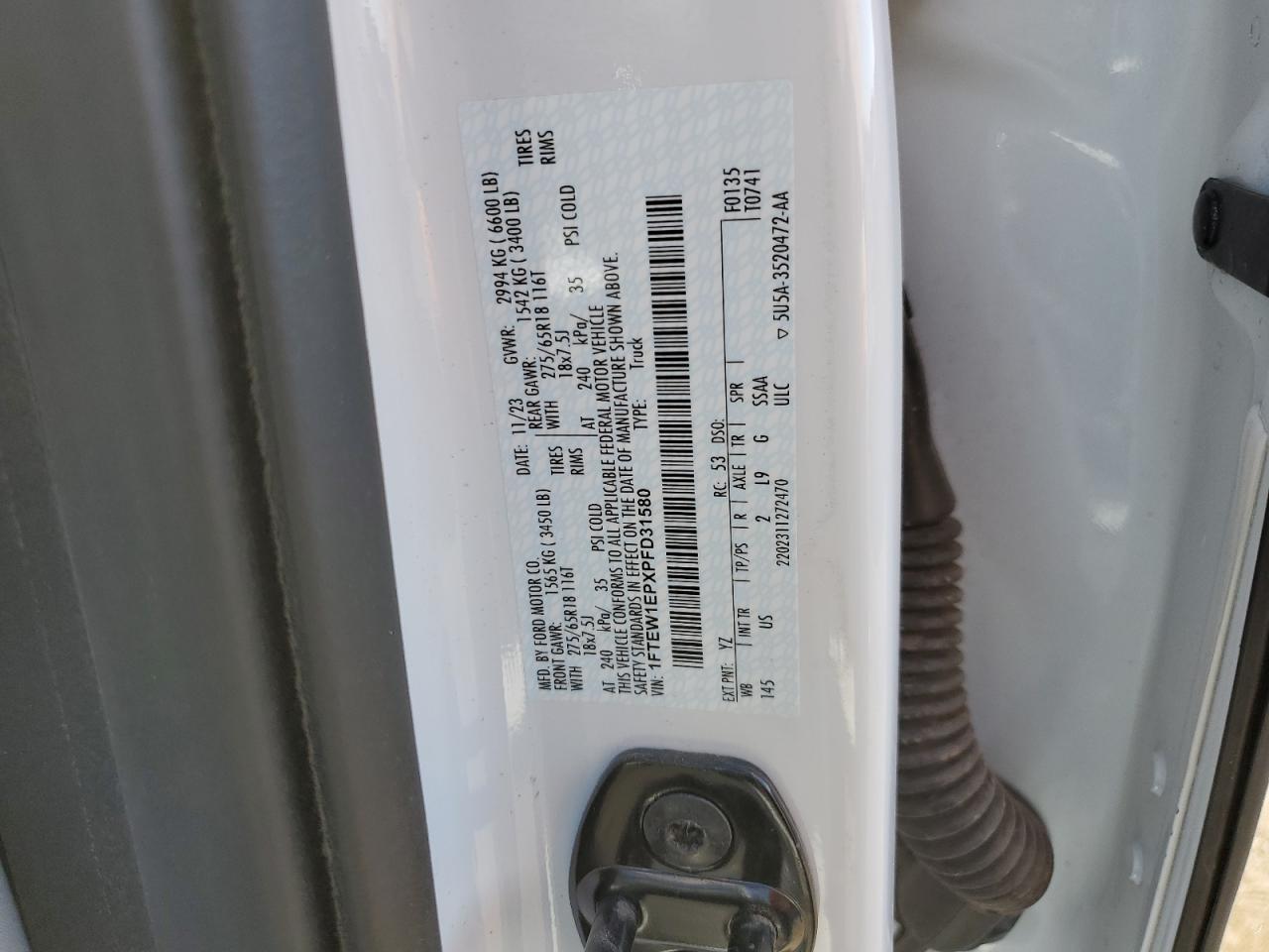 2023 FORD F150 SUPERCREW VIN:1FTEW1EPXPFD31580