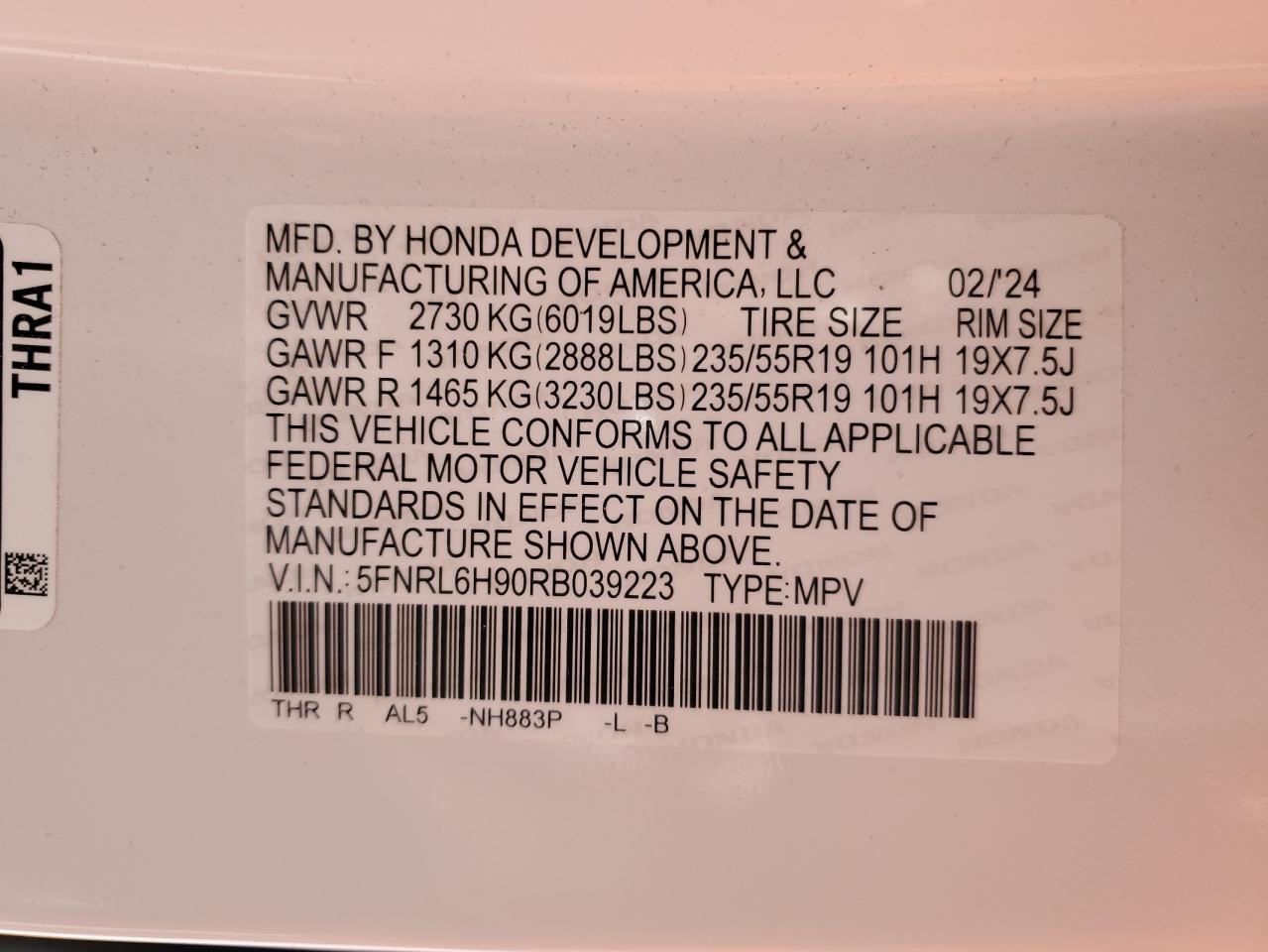 2024 HONDA ODYSSEY ELITE VIN:5FNRL6H90RB039223