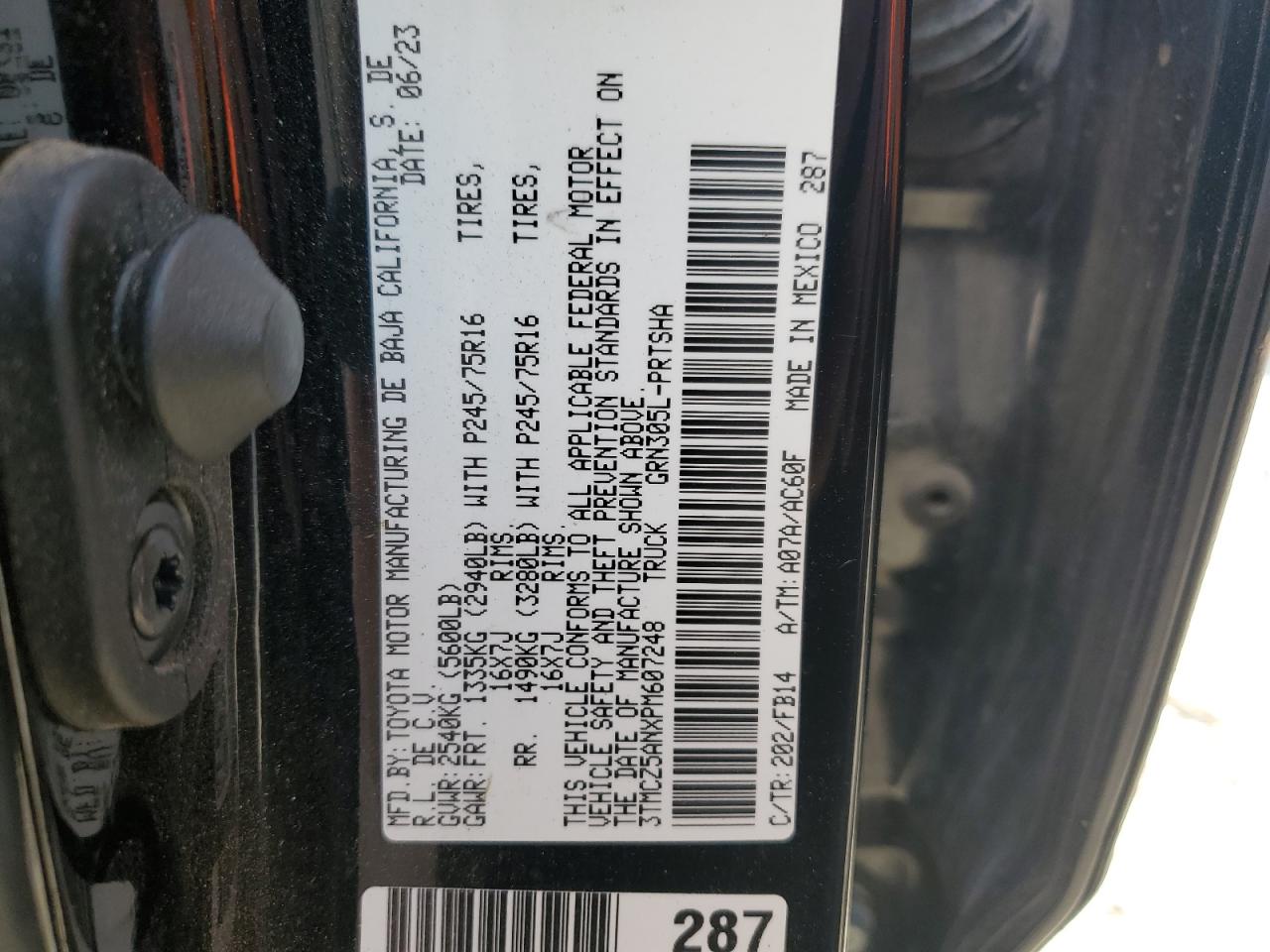 2023 TOYOTA TACOMA DOUBLE CAB VIN:3TMCZ5ANXPM607248