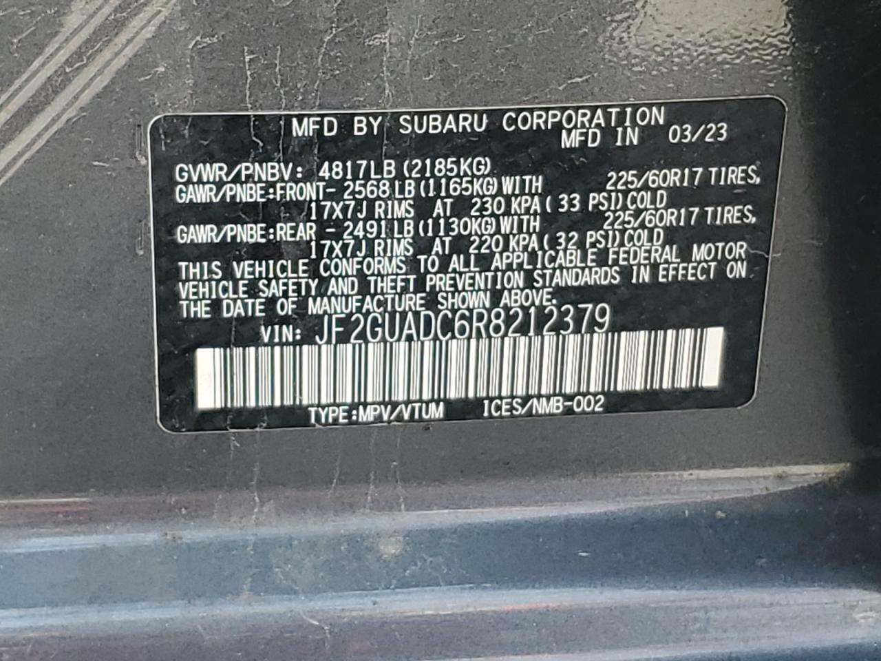 2024 SUBARU CROSSTREK PREMIUM VIN:JF2GUADC6R8212379