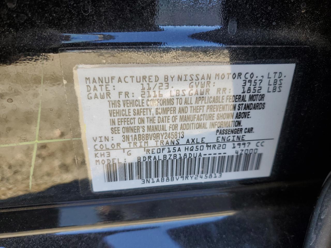 2024 NISSAN SENTRA S VIN:3N1AB8BV9RY245813