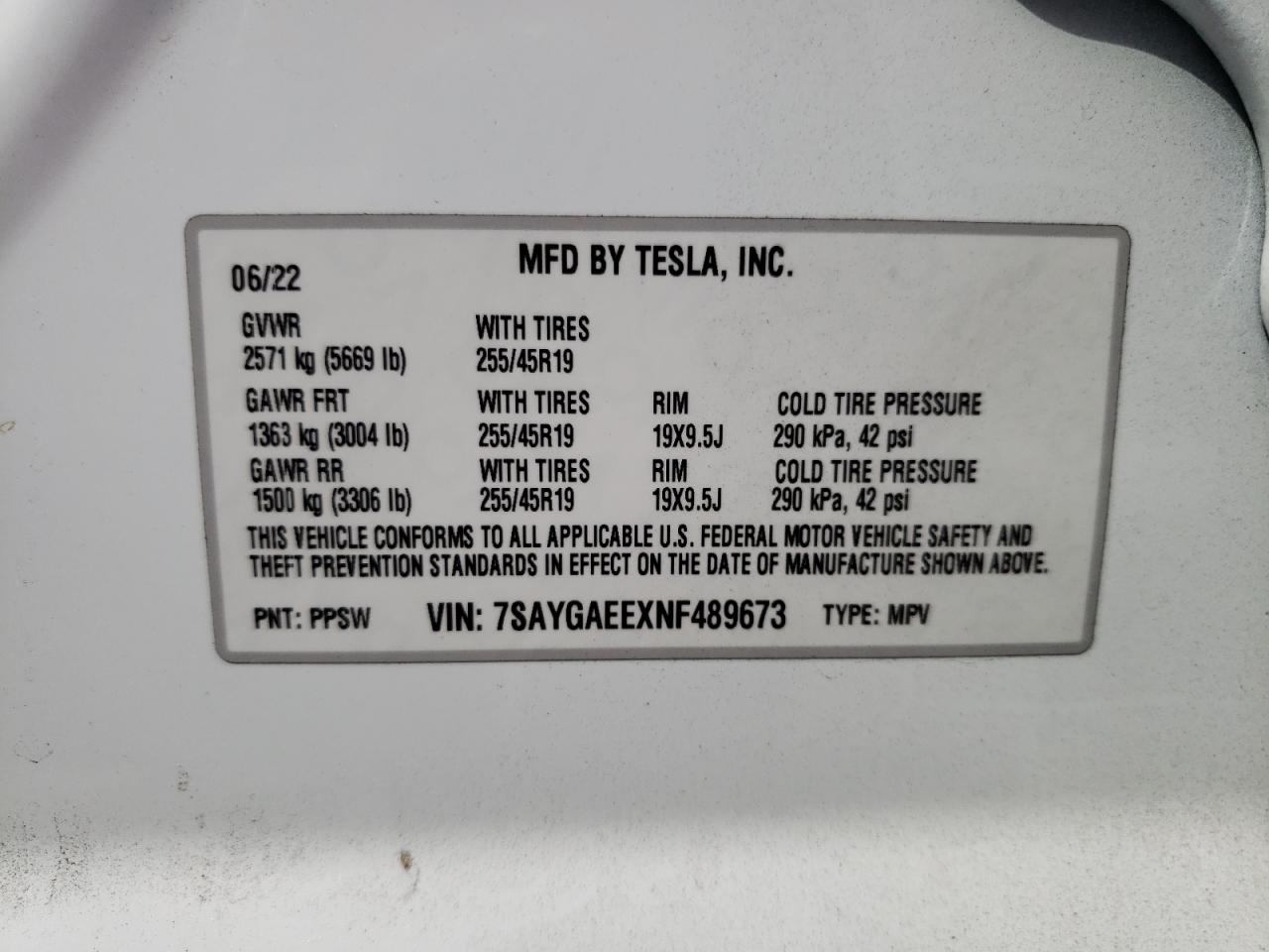 2022 TESLA MODEL Y VIN:7SAYGAEEXNF489673