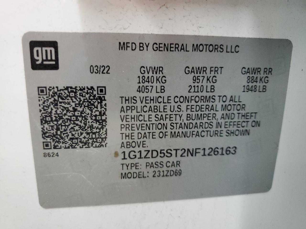 2022 CHEVROLET MALIBU LT VIN:1G1ZD5ST2NF126163