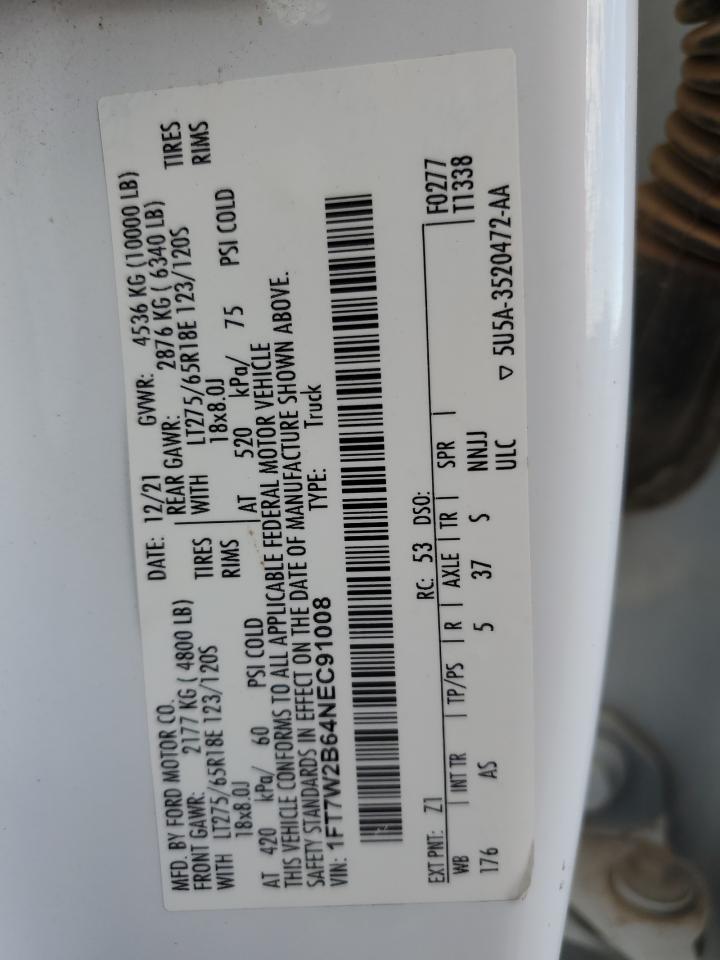 2022 FORD F250 SUPER DUTY VIN:1FT7W2B64NEC91008