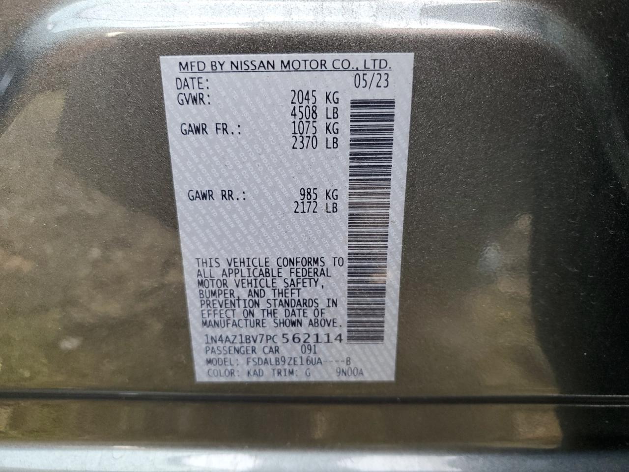 2023 NISSAN LEAF S VIN:1N4AZ1BV7PC562114