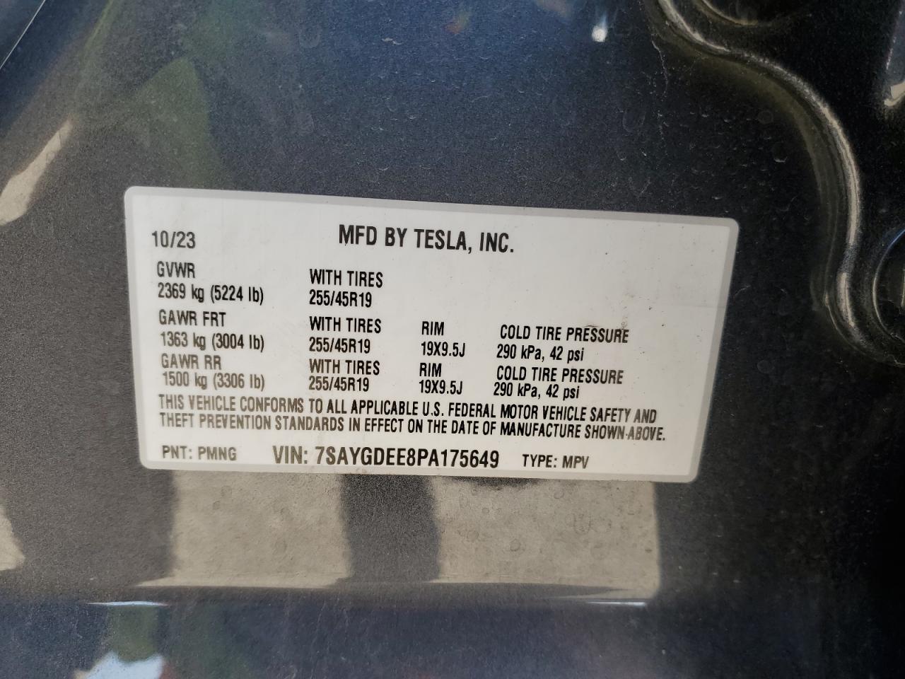 2023 TESLA MODEL Y VIN:7SAYGDEE8PA175649