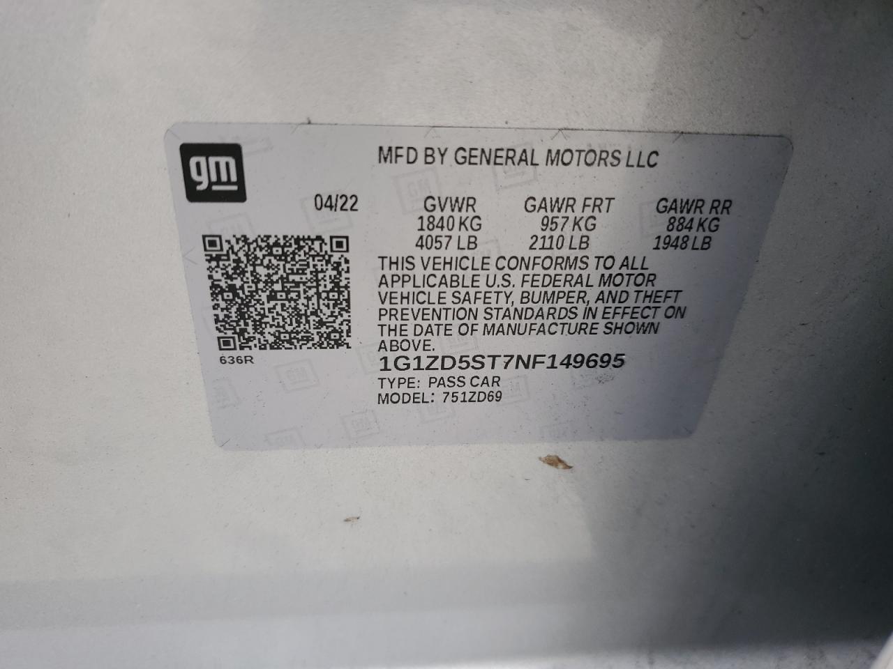 2022 CHEVROLET MALIBU LT VIN:1G1ZD5ST7NF149695