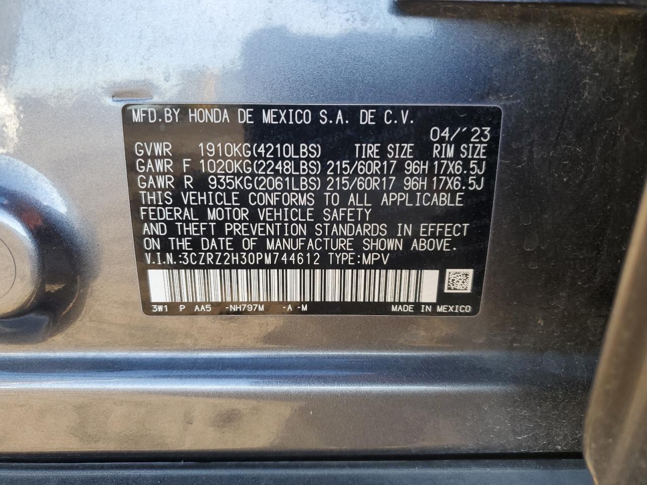 2023 HONDA HR-V LX VIN:3CZRZ2H30PM744612