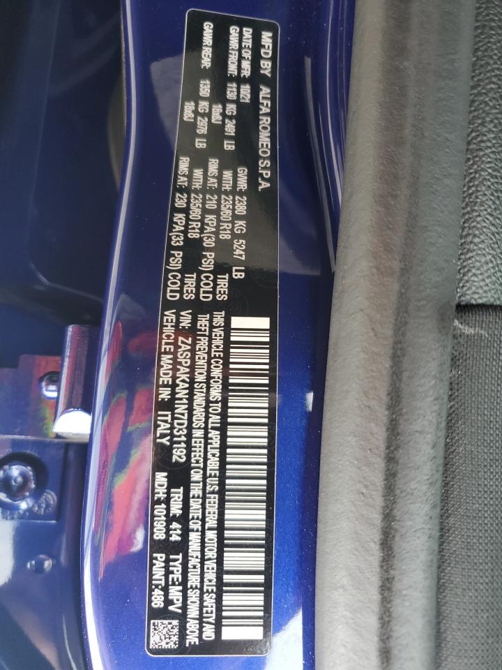 2022 ALFA ROMEO STELVIO VIN:ZASPAKAN1N7D31192