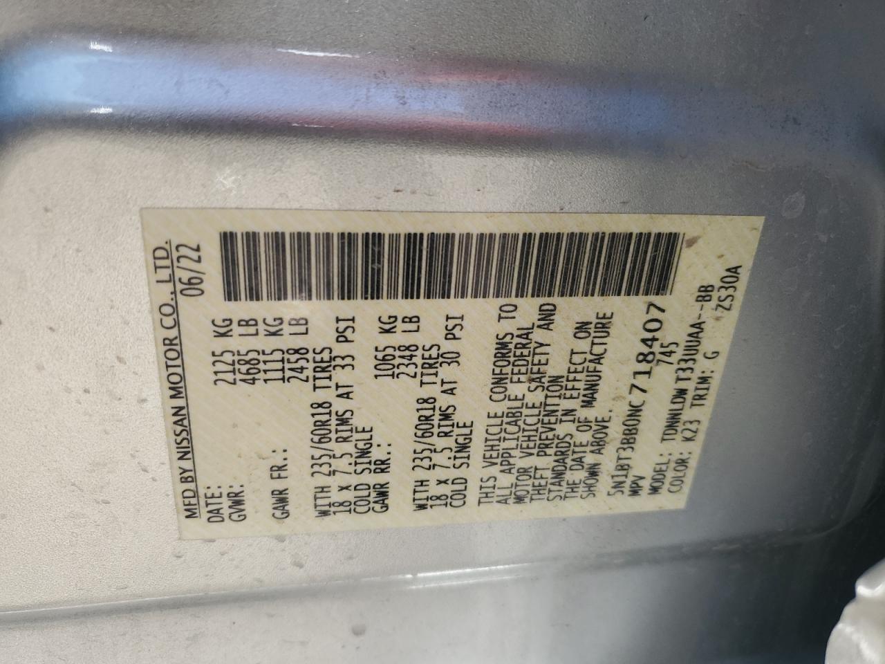 2022 NISSAN ROGUE SV VIN:5N1BT3BB0NC718407