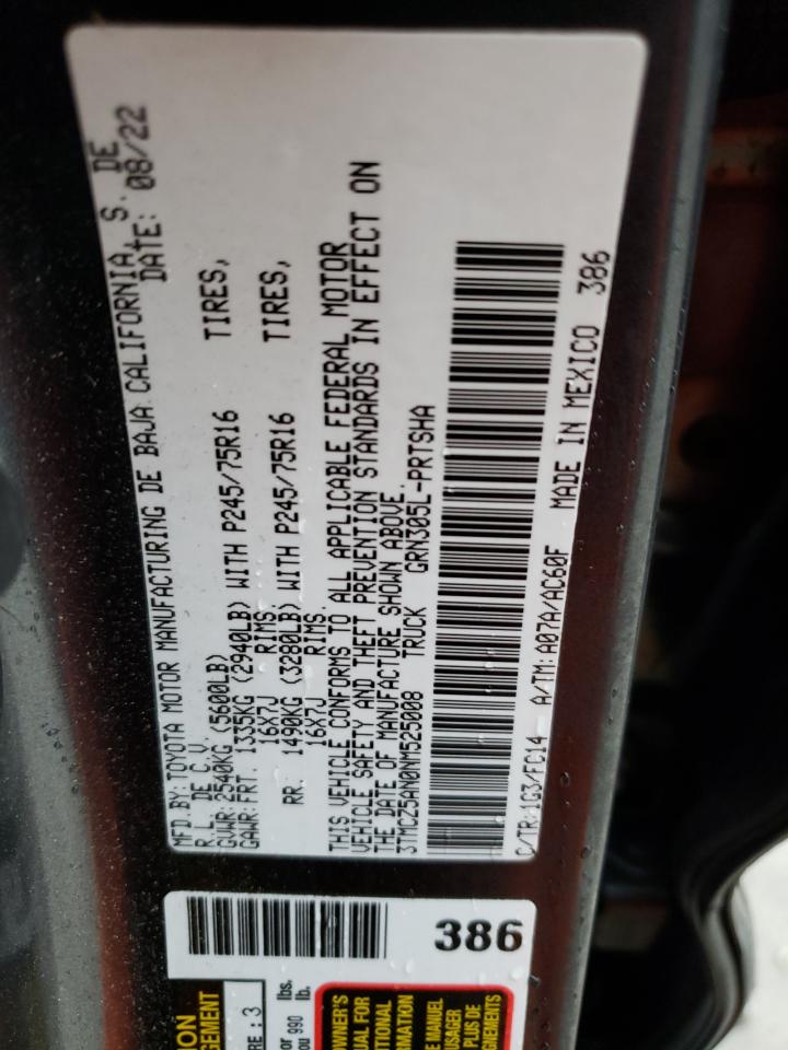 2022 TOYOTA TACOMA DOUBLE CAB VIN:3TMCZ5AN0NM525008