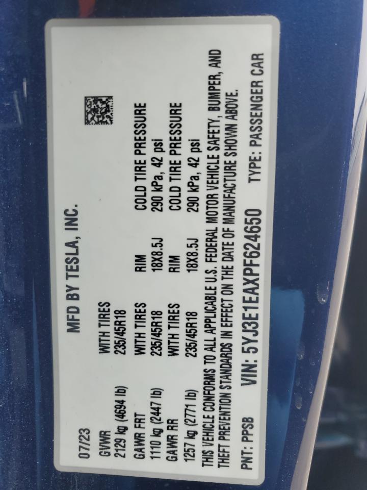 2023 TESLA MODEL 3 VIN:5YJ3E1EAXPF624650