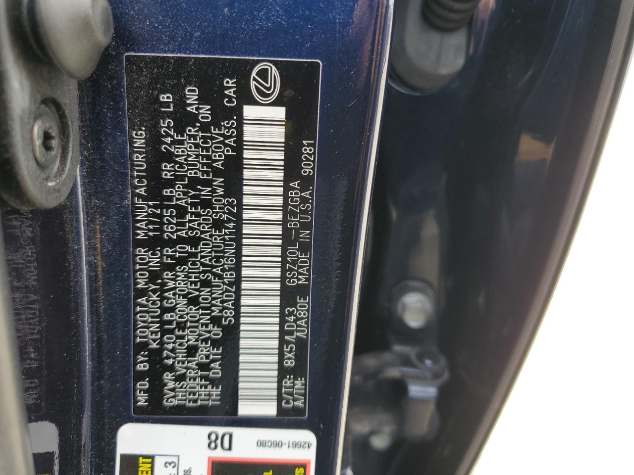 2022 LEXUS ES 350 BASE VIN:58ADZ1B16NU114723