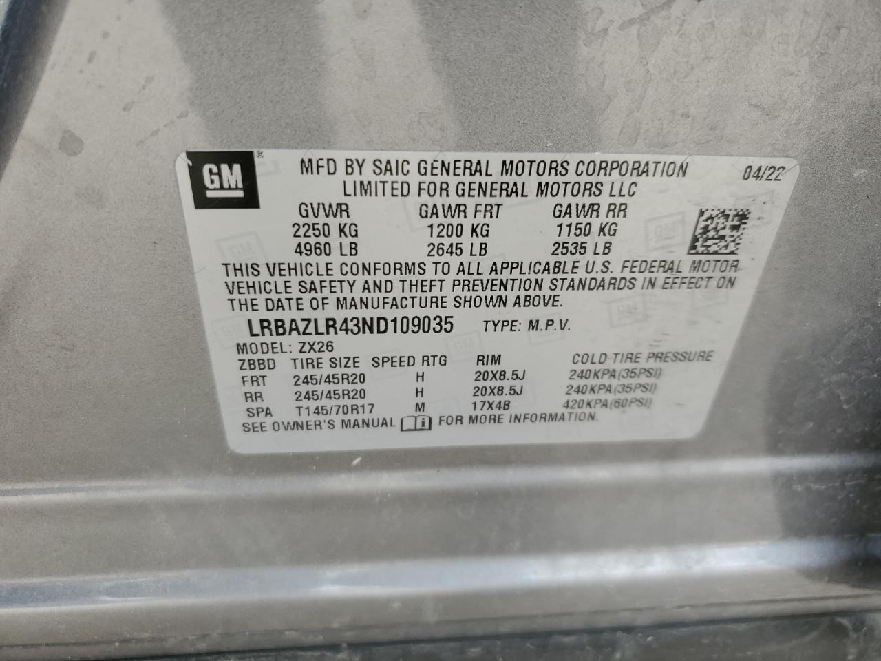 2022 BUICK ENVISION PREFERRED VIN:LRBAZLR43ND109035