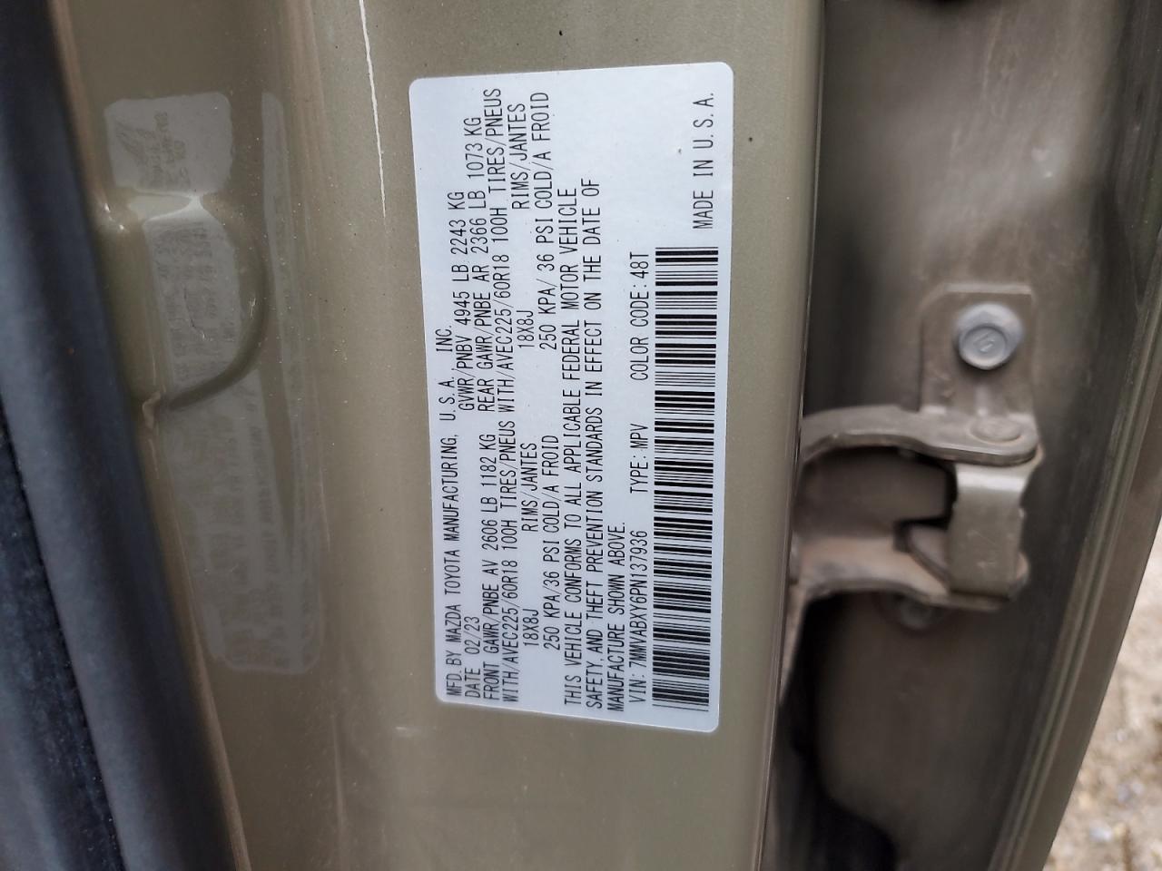 2023 MAZDA CX-50 BASE VIN:7MMVABXY6PN137936
