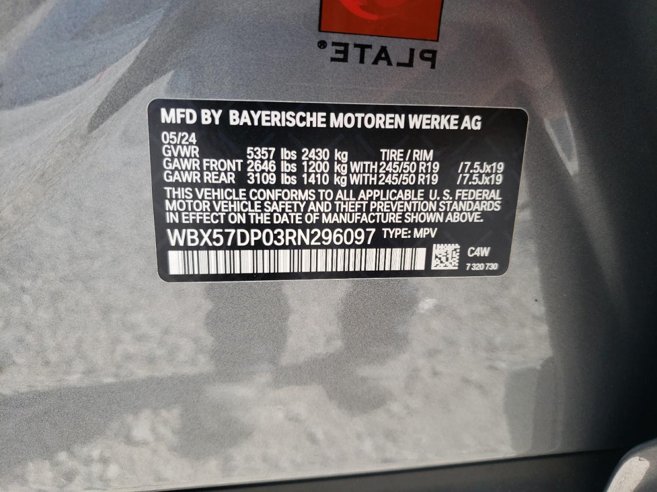 2024 BMW X3 XDRIVE30I VIN:WBX57DP03RN296097