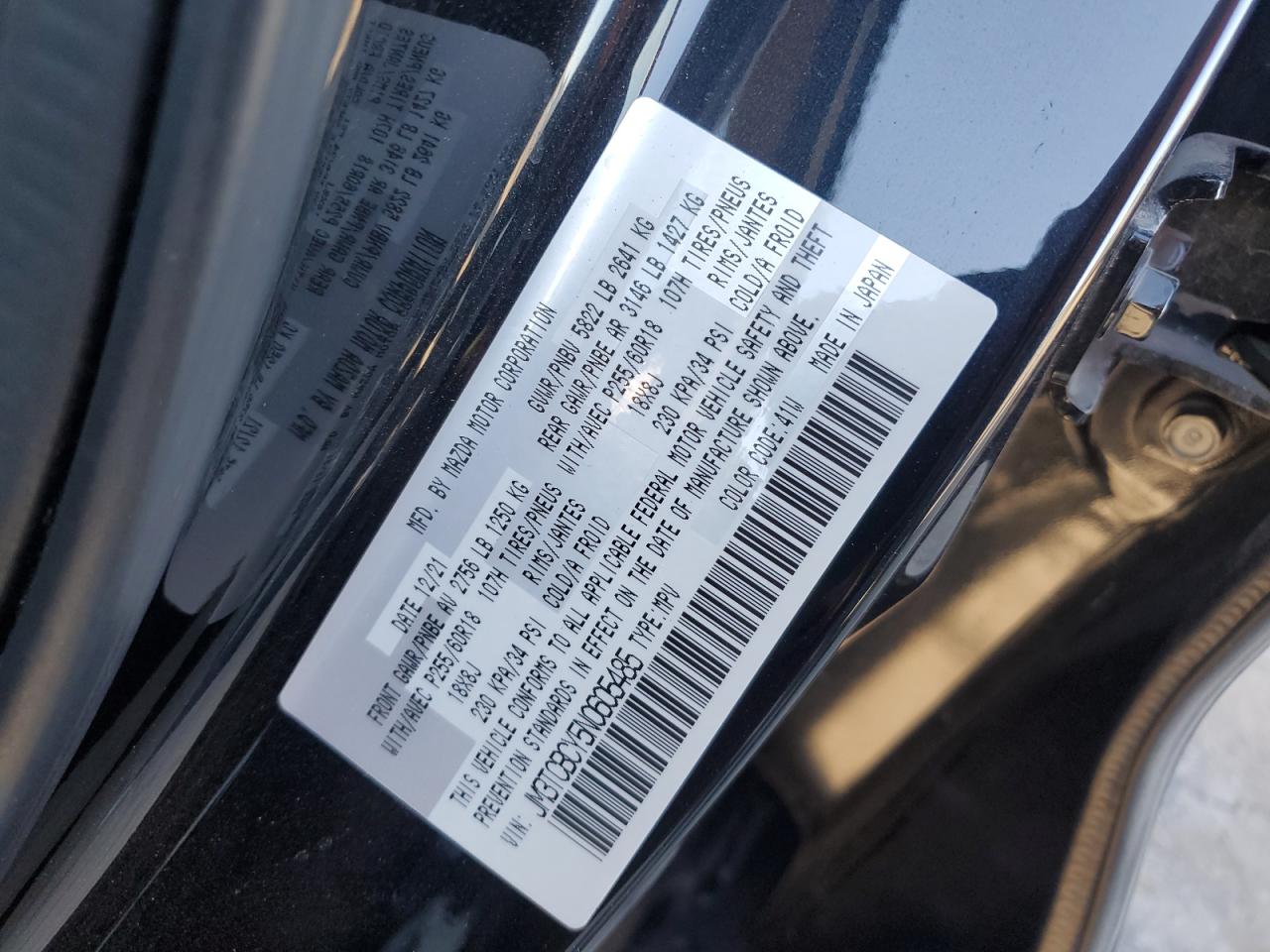 2022 MAZDA CX-9 TOURING VIN:JM3TCBCY5N0605485