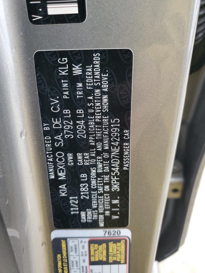 2022 KIA FORTE GT LINE VIN:3KPF54AD7NE429915