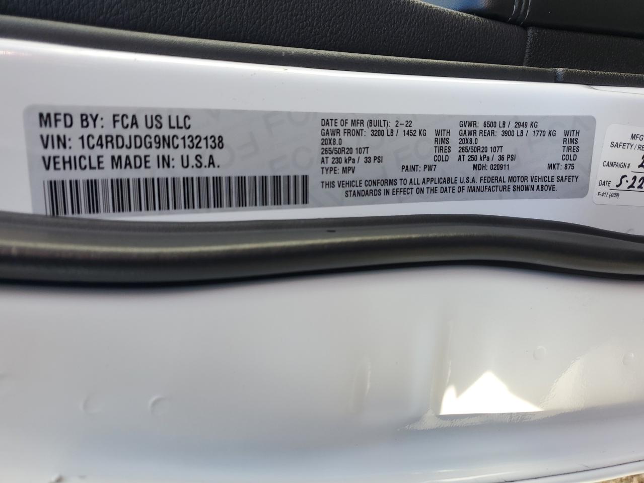 2022 DODGE DURANGO GT VIN:1C4RDJDG9NC132138