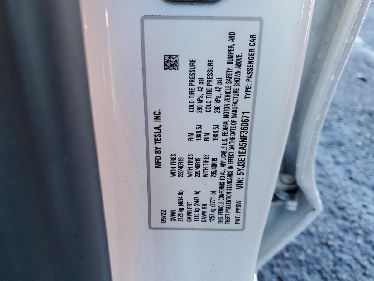 2022 TESLA MODEL 3 VIN:5YJ3E1EA5NF360671