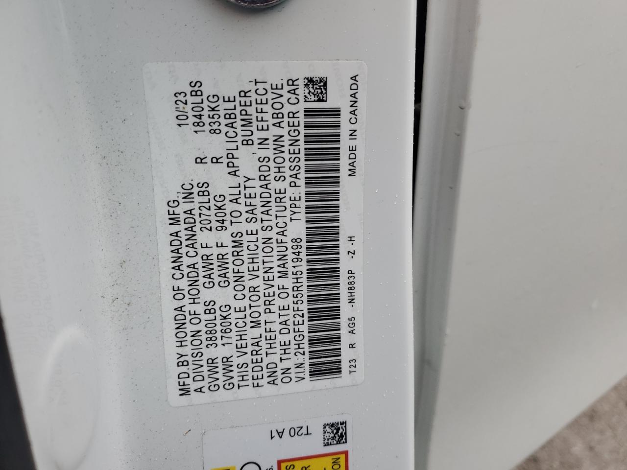 2024 HONDA CIVIC SPORT VIN:2HGFE2F55RH519498