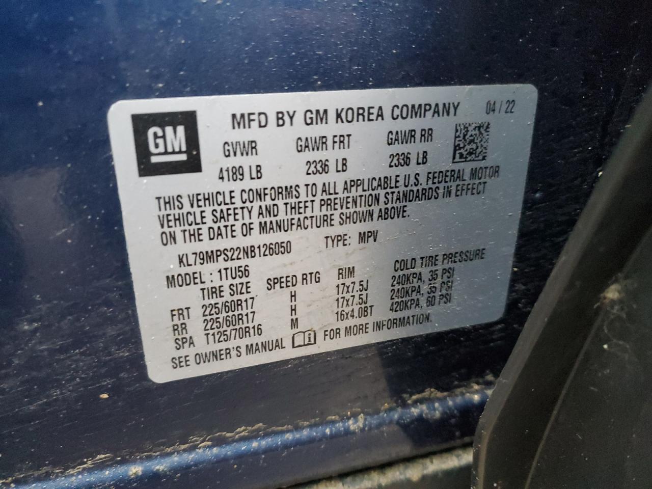 2022 CHEVROLET TRAILBLAZER LT VIN:KL79MPS22NB126050