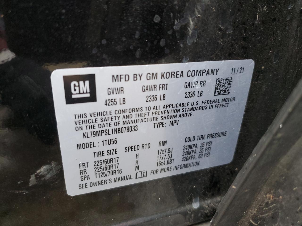 2022 CHEVROLET TRAILBLAZER LT VIN:KL79MPSL1NB078033