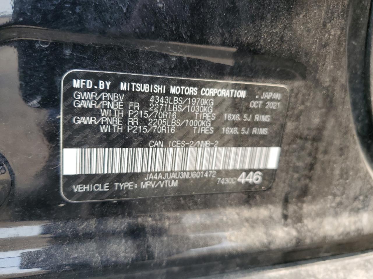 2022 MITSUBISHI RVR ES VIN:JA4AJUAU3NU601472