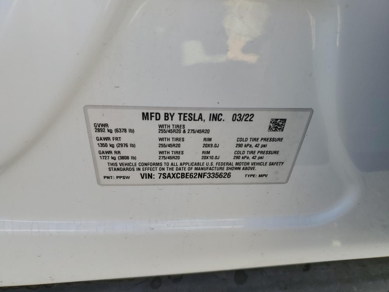 2022 TESLA MODEL X VIN:7SAXCBE62NF335626