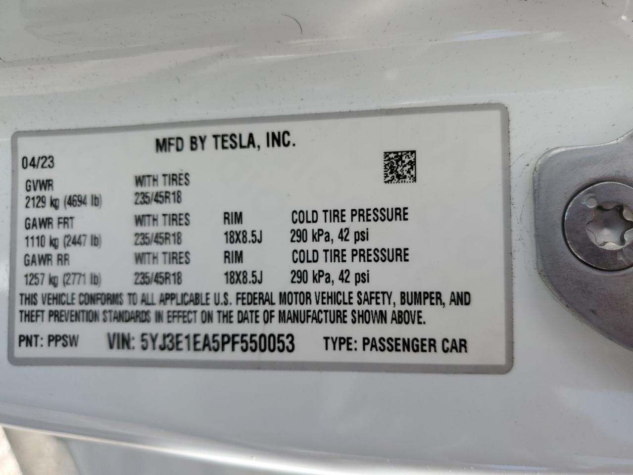 2023 TESLA MODEL 3 VIN:5YJ3E1EA5PF550053