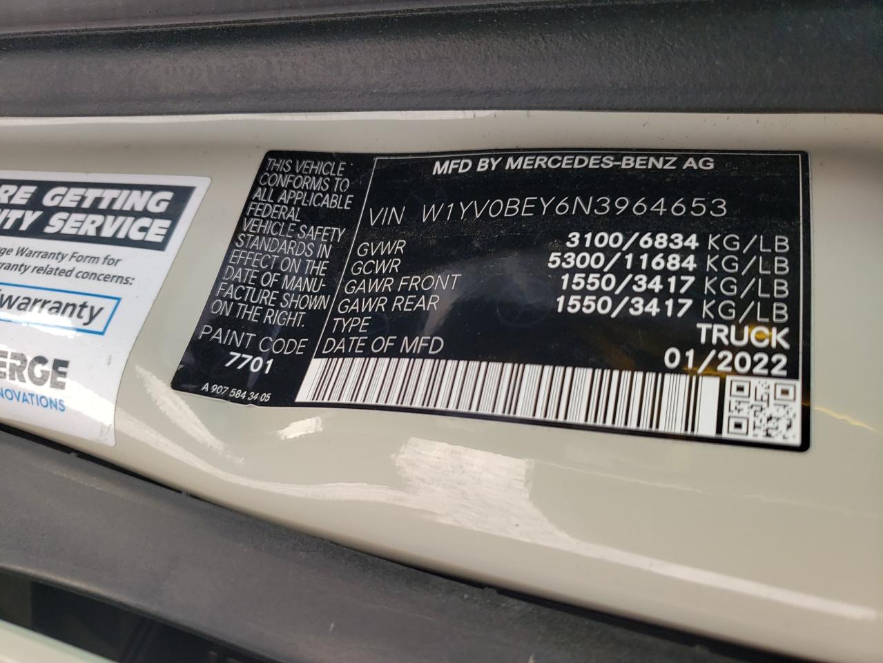 2022 MERCEDES-BENZ METRIS VIN:W1YV0BEY6N3964653