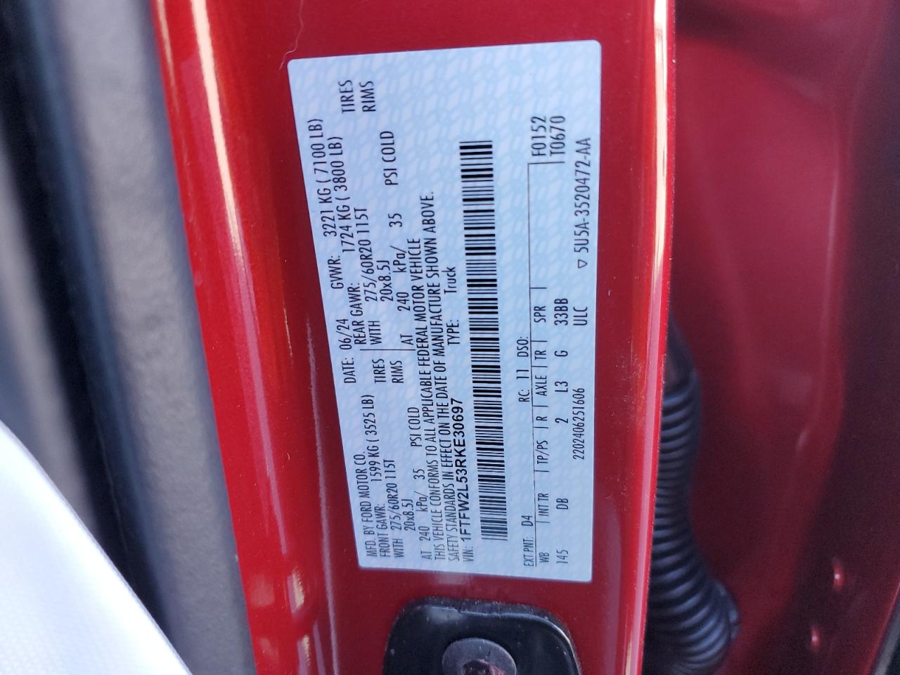 2024 FORD F150 STX VIN:1FTFW2L53RKE30697