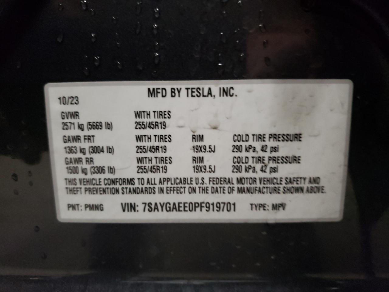 2023 TESLA MODEL Y VIN:7SAYGAEE0PF919701