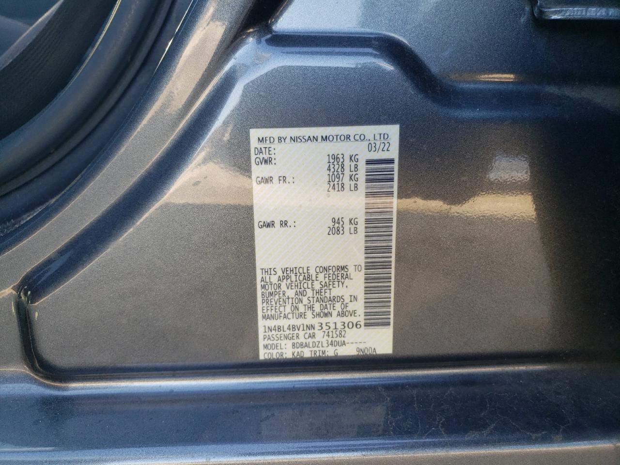 2022 NISSAN ALTIMA S VIN:1N4BL4BV1NN351306