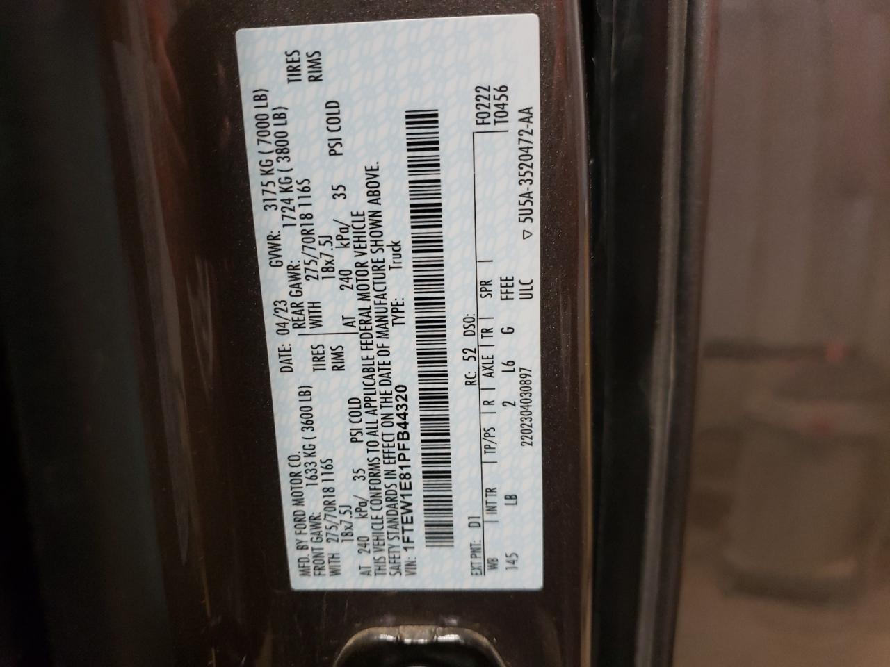 2023 FORD F150 SUPERCREW VIN:1FTEW1E81PFB44320