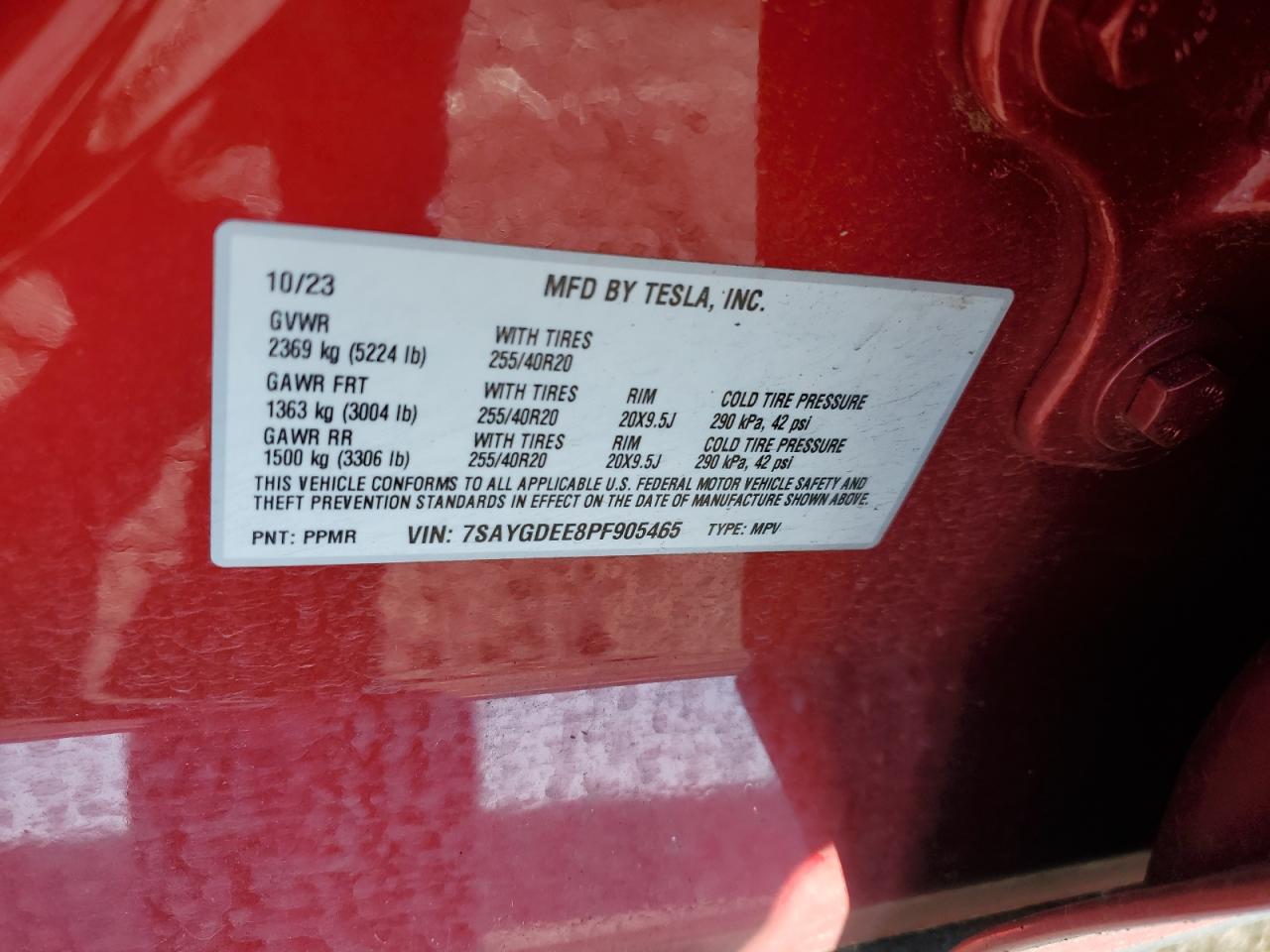 2023 TESLA MODEL Y VIN:7SAYGDEE8PF905465