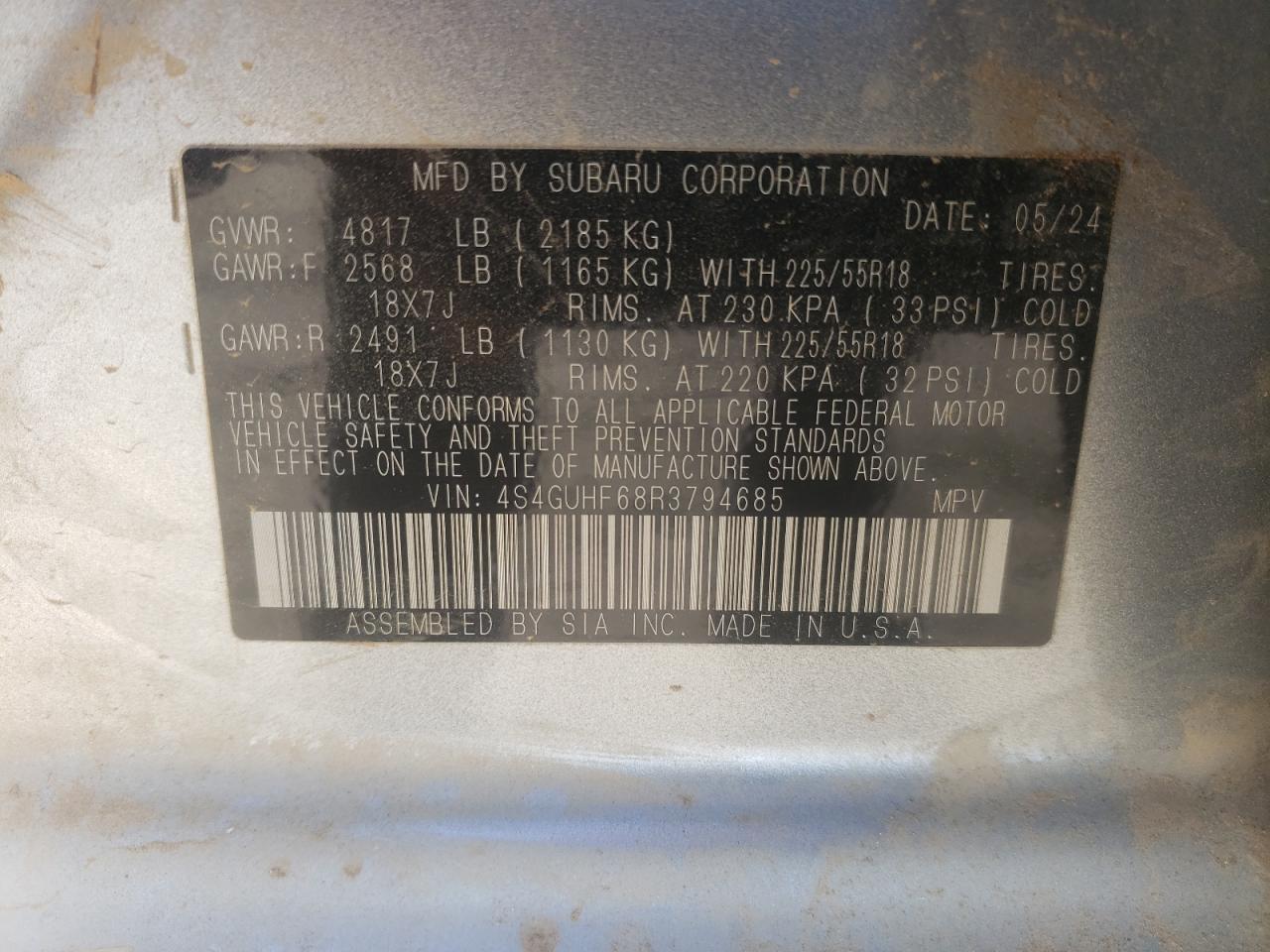 2024 SUBARU CROSSTREK SPORT VIN:4S4GUHF68R3794685