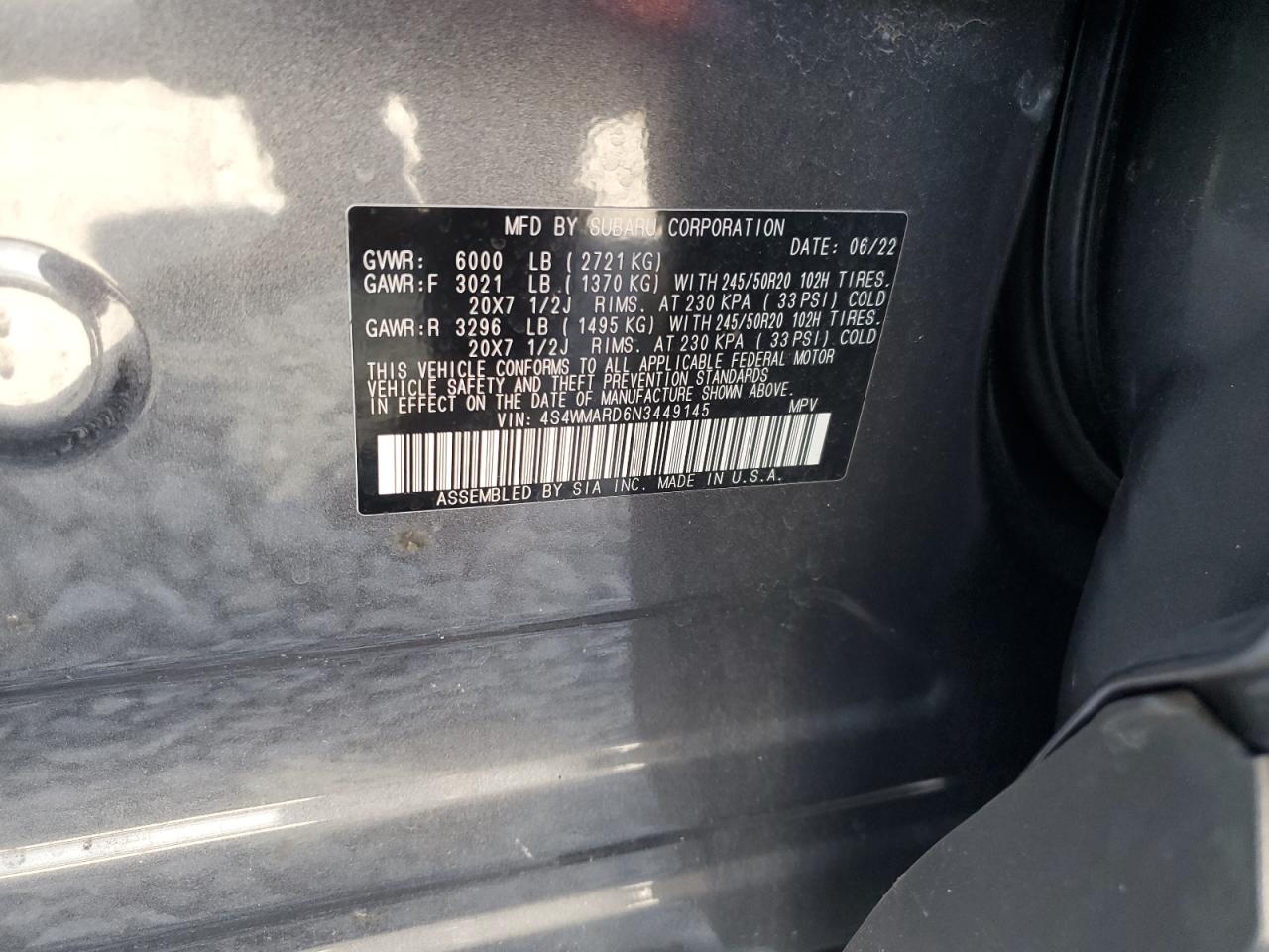 2022 SUBARU ASCENT TOURING VIN:4S4WMARD6N3449145